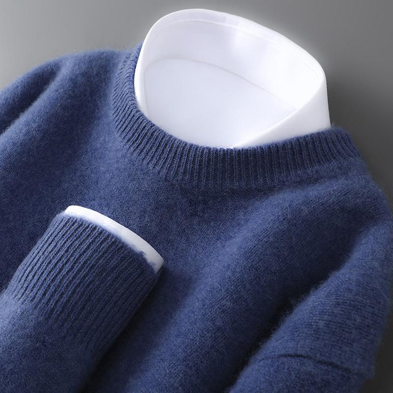 Men s Winter Pure Wool Thick Knit Casual Round Neck Sweater L