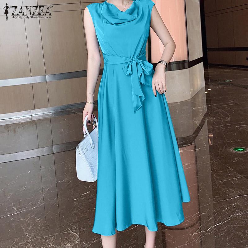 

ZANZEA Летнее повседневное женское длинное платье без рукавов с воротником-хомутом