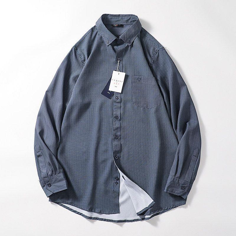 Small Plaid Long Sleeve Trendy Versatile Export Casual Shirt Dark Blue Plaid 110