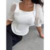 Summer New Style Women's Square Neck Mesh See-through Puff Sleeves Slim Fit Button Decorated Elegant Top