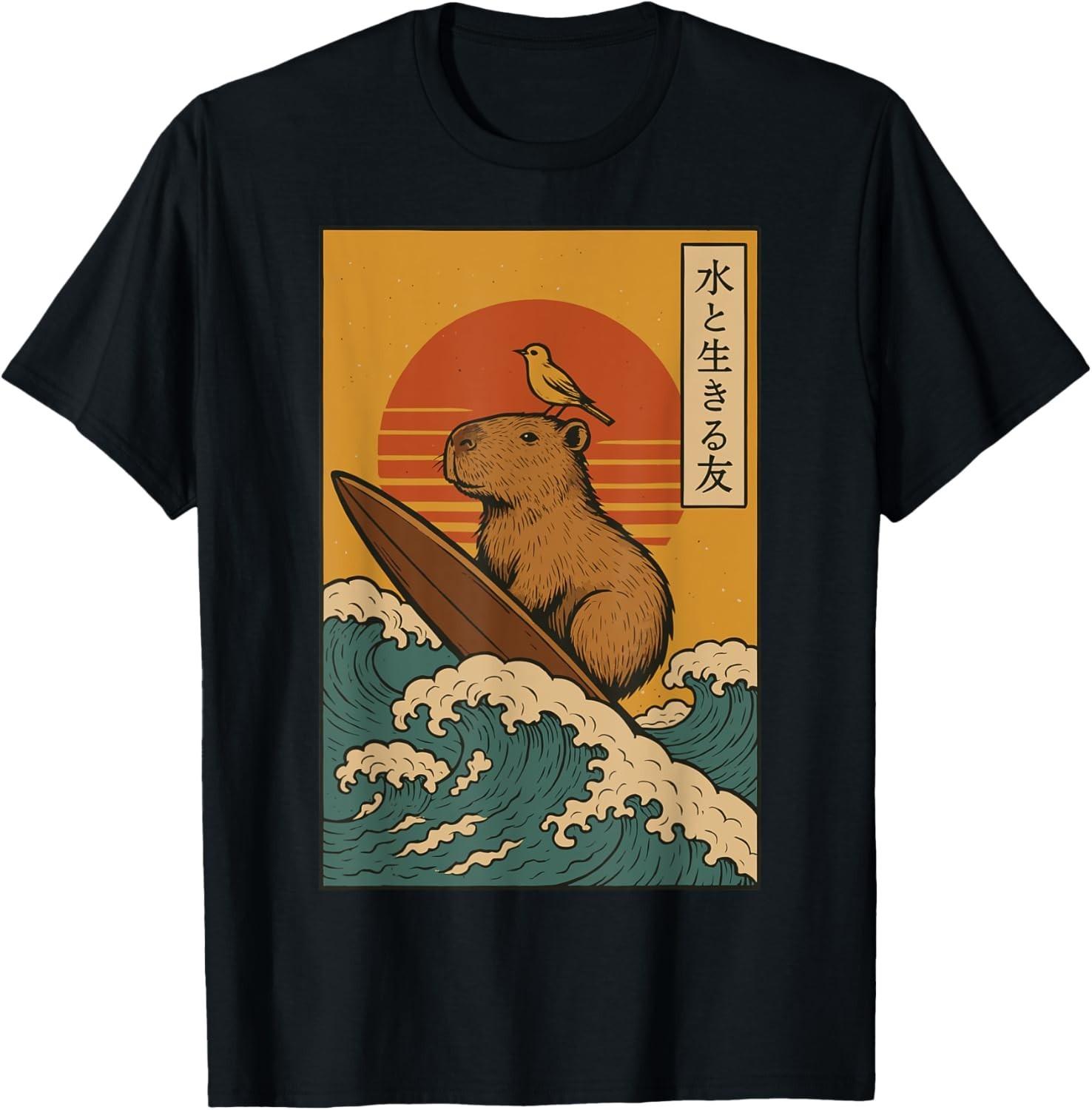 Japan Capybara Surfing Great Wave Anime Kawaii Capybara Surfing unisex T-Shirt Mens Womens Tees Top S