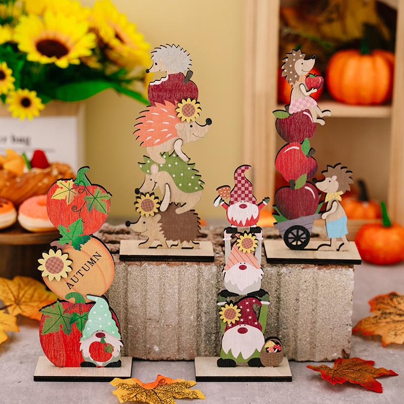 Wooden Thanksgiving Whimsical Decorations Featuring Cute Gnome Hedgehog And Charming Apple Pumpkin Designs