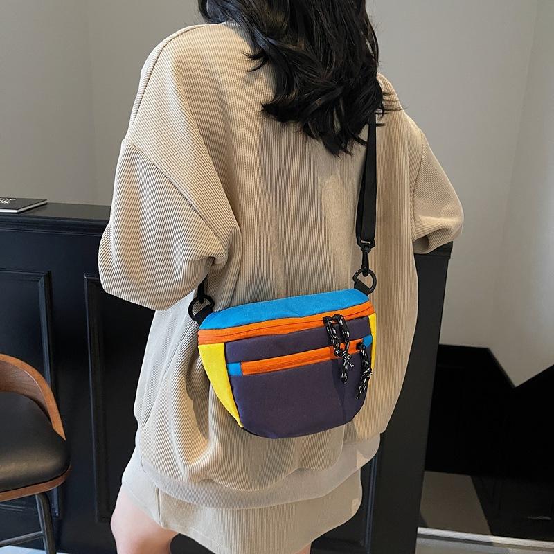 Summer Contrasting Color Saddle Bag Women'S Bag Foreign Style Canvas Shoulder Messenger Bag Niche Design Versatile Breast Bag