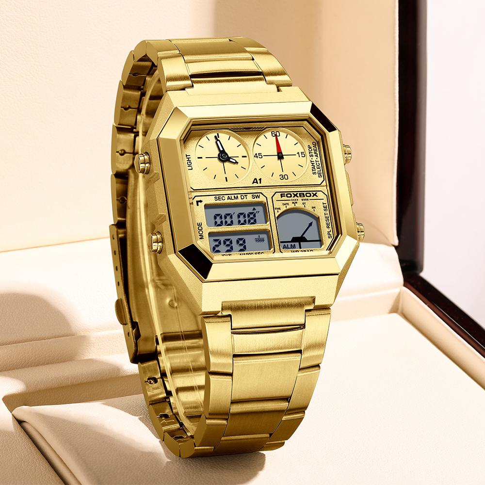 For FB0057 4 Subdials 40mm Simple Square Gold Chronograph Alarm Date Stainless Steel Business Waterproof WristWatch+ Gift Box