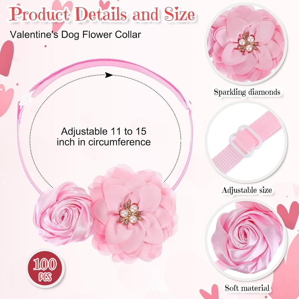 Abbylike 100 Pcs Valentine's Dog Collar Flowers Bows Dog Grooming Collar Bulk Adjustable Pet Bow Tie Cat Puppy Bowtie Charms Flower for Valentine's