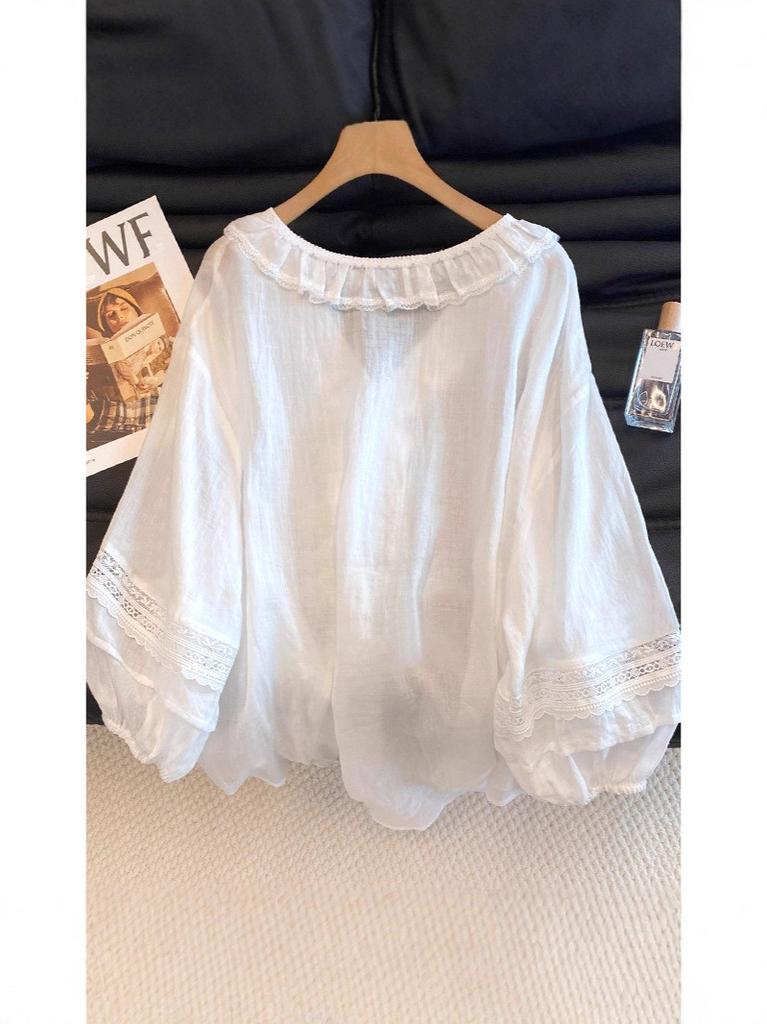 Summer Blouse With Ruffled Lace Trim Vneck Long Sleeve For Women