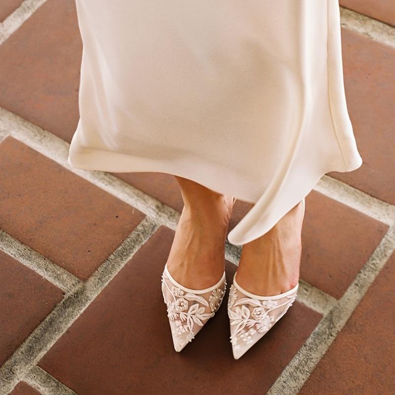 Damen Slingback-High Heels Gaze-Pumps Stickerei Blume mit Spitz zulaufender Spitze Stiletto zum Hineinschlüpfen Sandalen für Kleiderparty Hochzeit, Damenschuhe