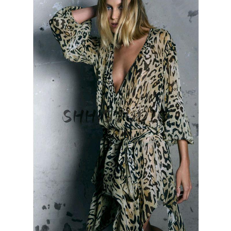 Autumn New Women's Clothing Double Breasted V Neck Long Sleeves Asymmetrical with Belt Animal Pattern Print Tops 8551067