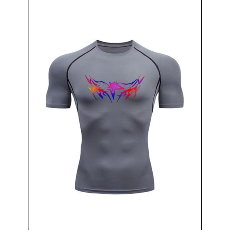 Men s Rainbow Gradient Tribal Star Compression T-Shirt Tattoo Style Quick Dry Gym Workout Athletic Top S