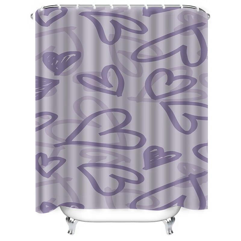 Romantic Purple Heart Pattern Waterproof Shower Curtain Heat Resistant Machine Washable Non-Transparent 180x180cm