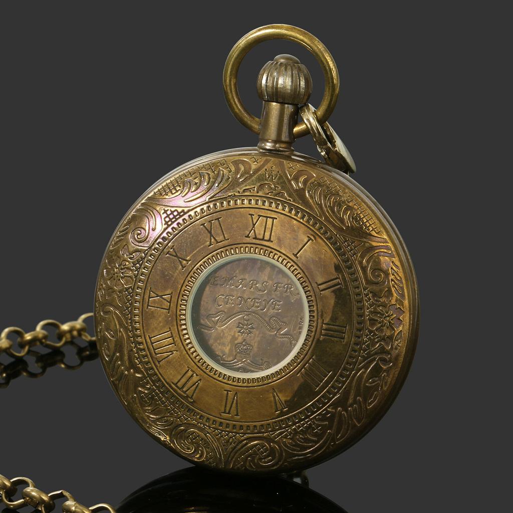 Orologio da tasca meccanico da uomo retrò con volano e fasi lunari in rame massiccio, orologio a carica manuale vintage nostalgico, orologio da tasca meccanico a doppia cassa