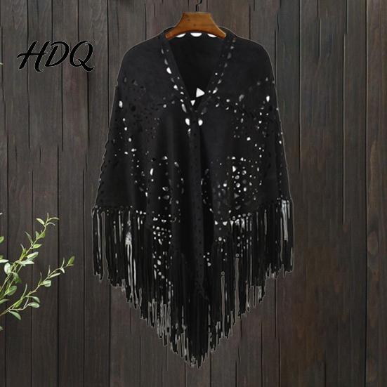 Winter Coat Accessory Women Shawl Hollow Tassels Hem Scarf Color Versatile Warm Fabric Comfortable Wrap Classic