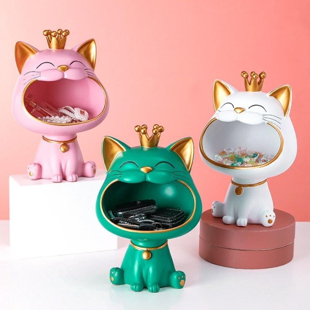 Gatto Portafortuna in Resina a Bocca Grande Statuetta Ornamento da Scrivania in Resina Regalo di Compleanno