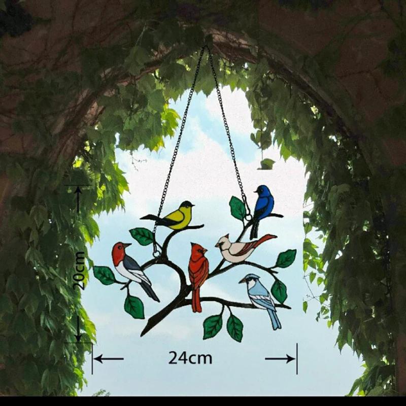 Cardinal Birds Stained Window Panel Hangings Birds Hanging On A Wire On Branch Room Decoration Accessories For Mother’s Day Gift