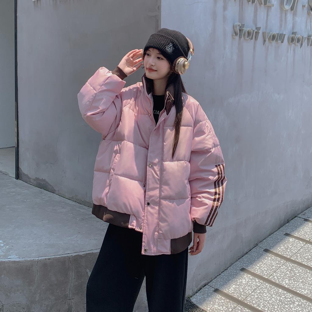 Splicing contrast thickened stand-up collar padded clothes for schoolgirls 2025 winter design striped cotton jacket bread jacket jacket