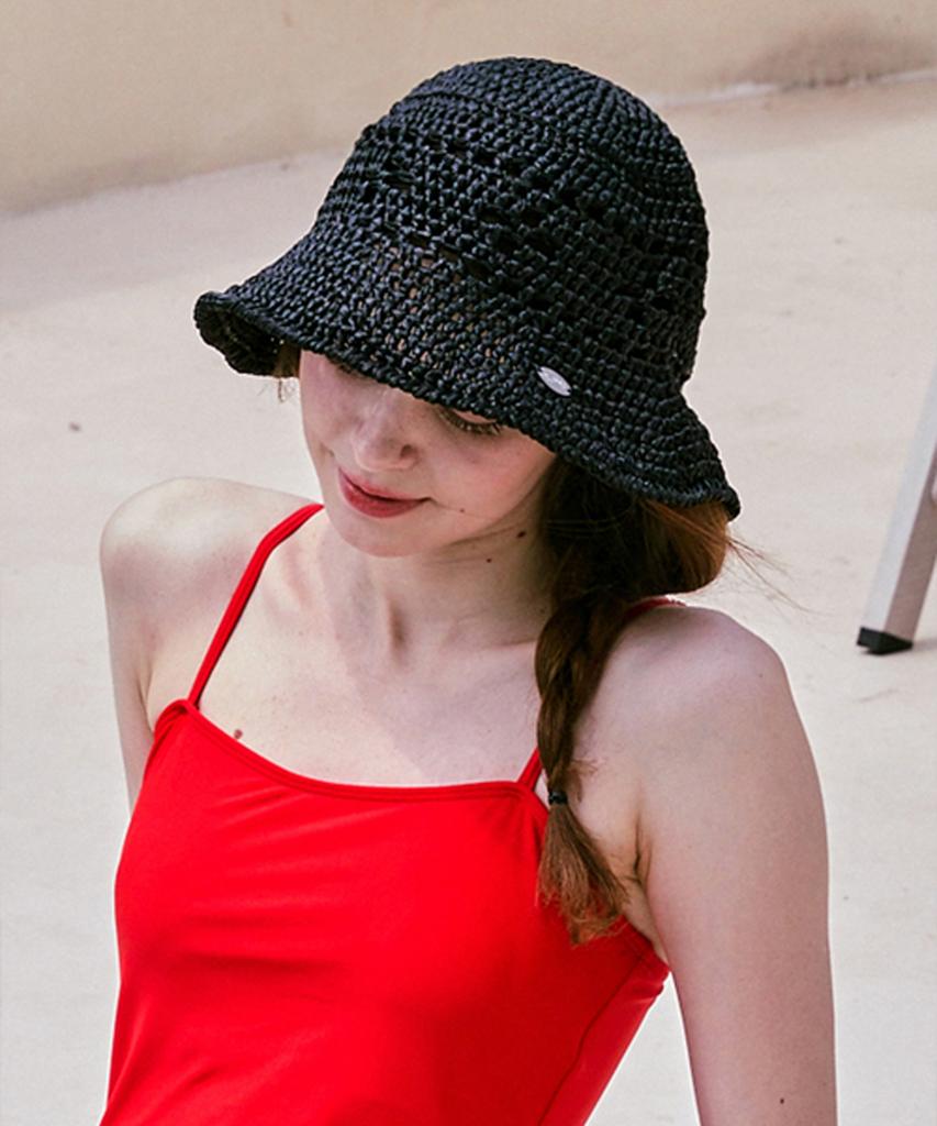 Seullouseulloulli Lily Handmade Wide Crochet Raffia Bucket Hat _ Black