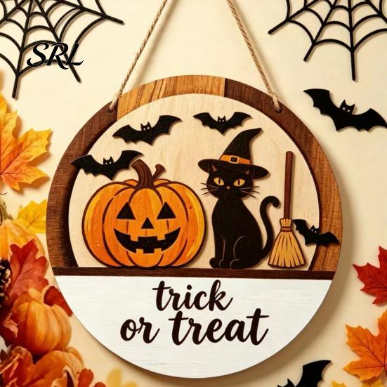 Solid Wood Door Plaque Halloween Layered Round Hanger, 3D Pumpkin Ghost Owl Welcome Sign, Fall Party Decorations Farmhouse Front Wall Hanging