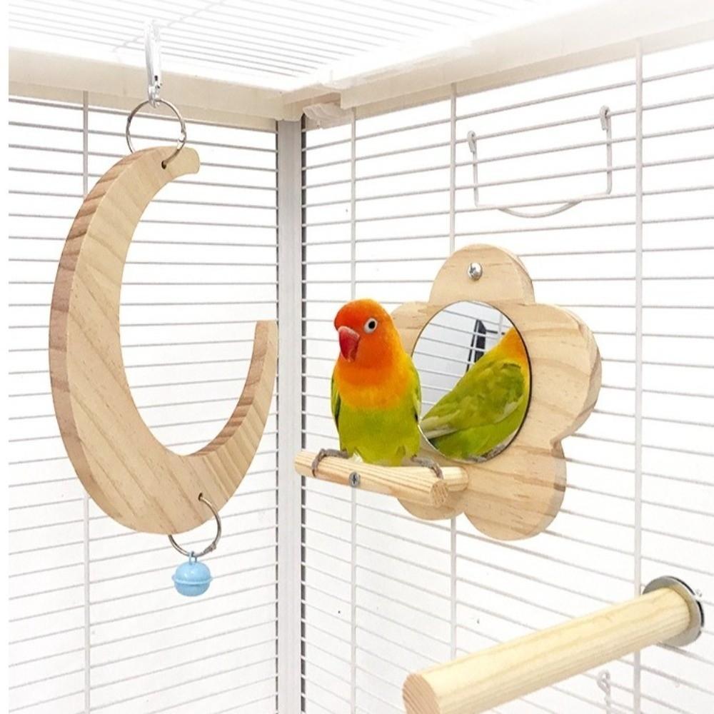 Creative Hanging Bird Flower Mirror Moon-shaped Bite Resistant Bird Interactive Play with Bell Bird Wooden Perch Training Tool