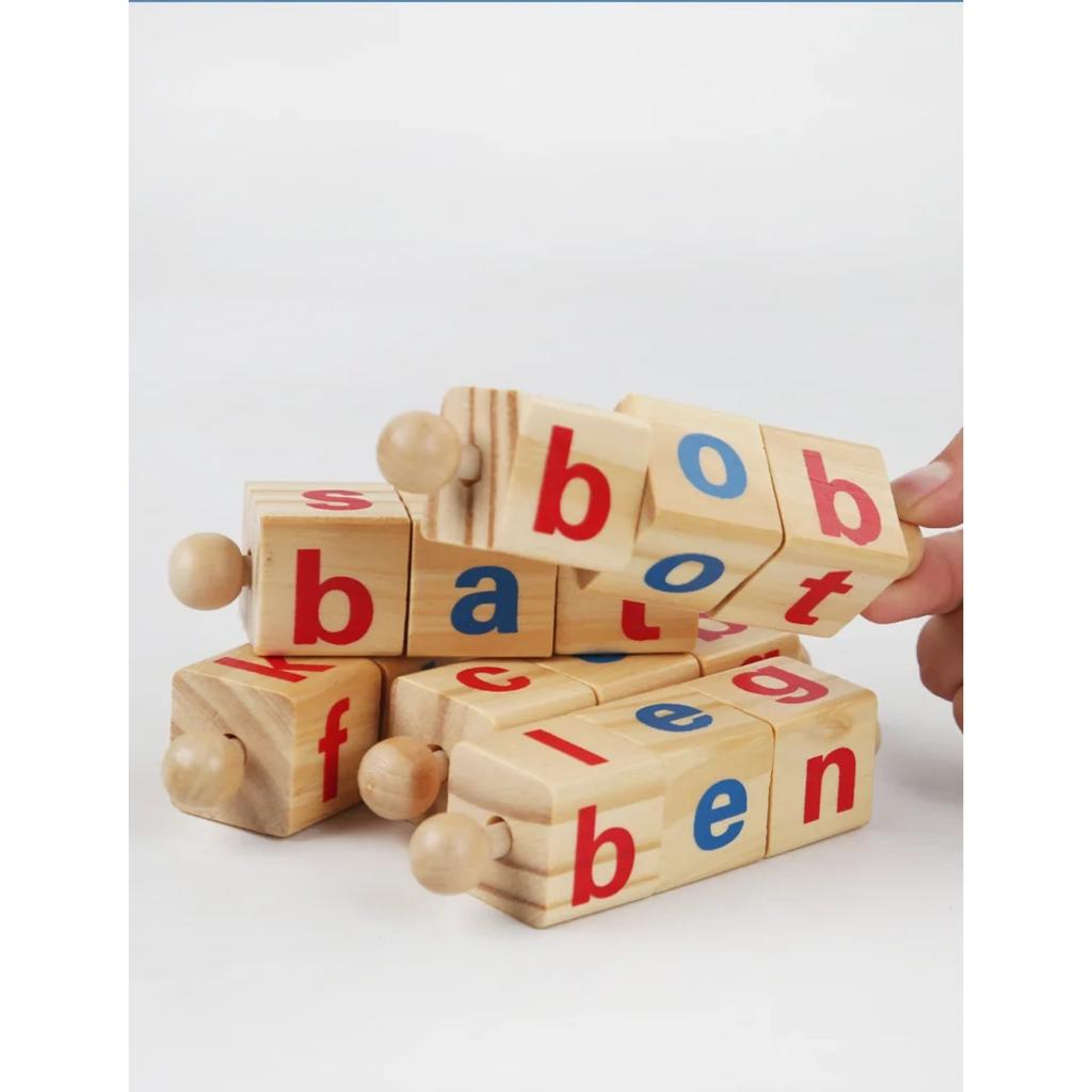 Wooden Word Spelling Game Alphabet Learning Toys for Preschool Boys and Girls Letters Reading Building Blocks Game with 24 Cards