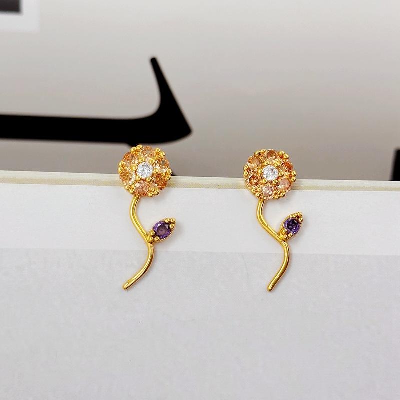 Trendy Simple Fashion Popular Color Zircon Flower Stud Earrings High Sense Earrings Women золотой