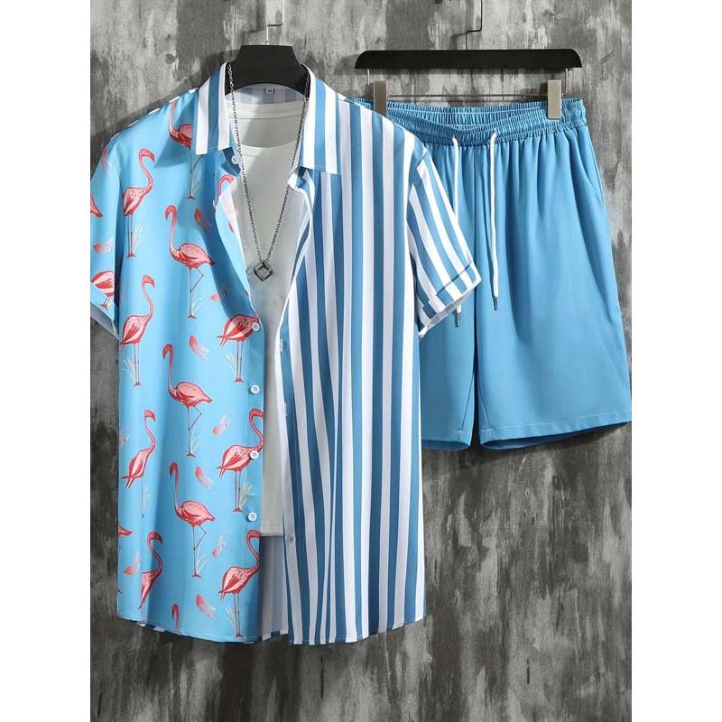 Set Camicia a Maniche Corte e Pantaloncini da Spiaggia da Uomo Stampa Elegante Camicia Casual da Uomo Pantaloncini da Uomo per Feste Estive