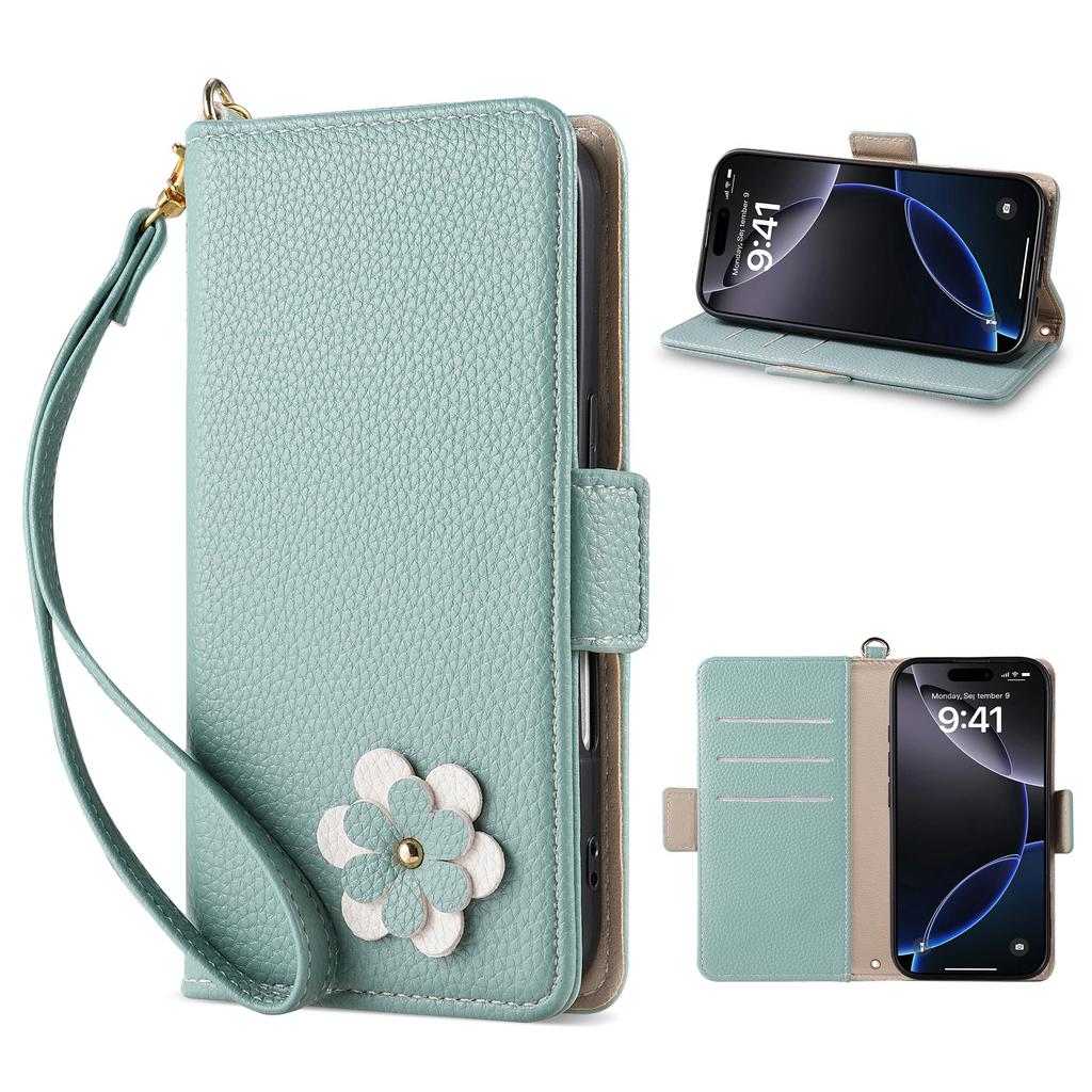 Carina custodia a portafoglio in pelle con coniglio e fiore 3D, supporto per telefono, per iPhone 17 Air 16 15 PM 14 13 12 11 Pro Max XR XS SE 16e 6 7 8 Plus, slot per schede, cover a libro
