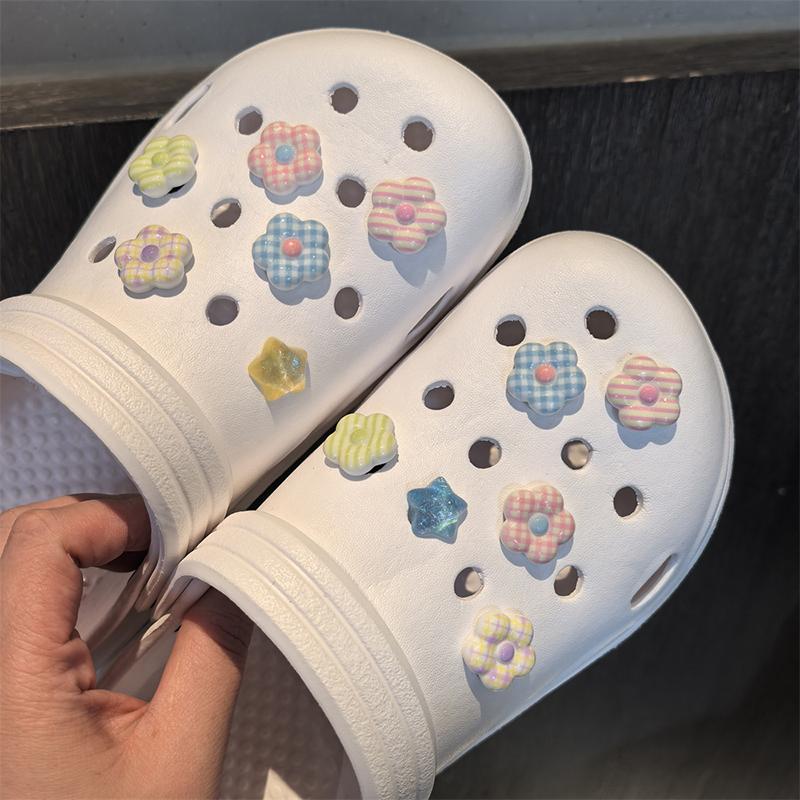 Dopamine Plaid Flowers Jelly Shoes Sandals Accessory Diy Decorative Shoe Flower Slippers Shoe Buckle Accessories