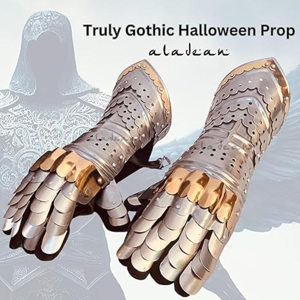 Medieval Knight Gauntlet Gloves Pair Brass Accents Crusader Armor Steel Gloves