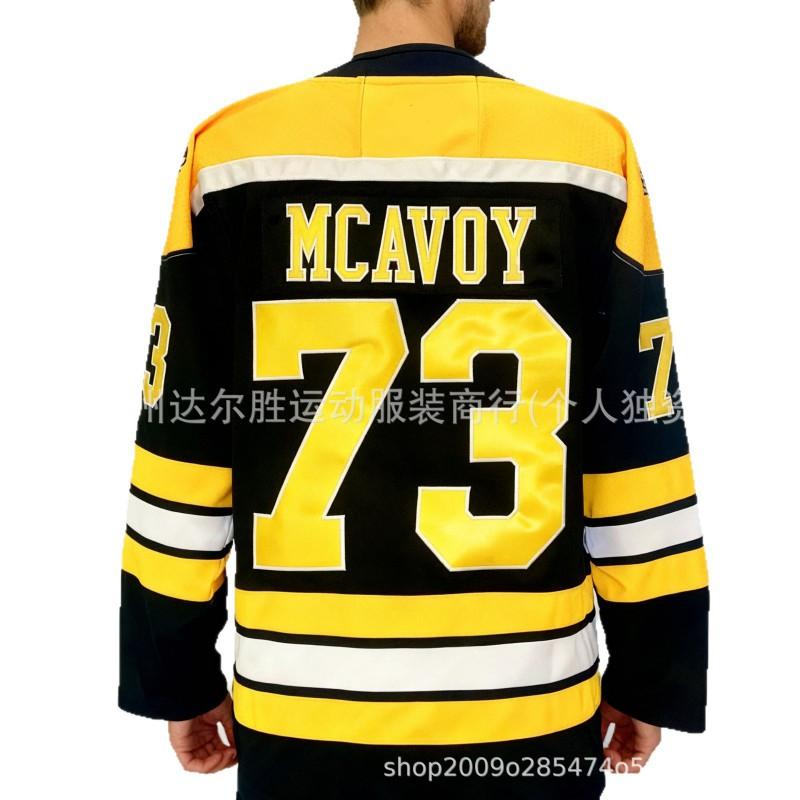 Maglia da Hockey Autentica Stile Boston Bruins 73 Mavoy da Uomo Nera Bianca Gialla a Strisce Abbigliamento per Tifosi
