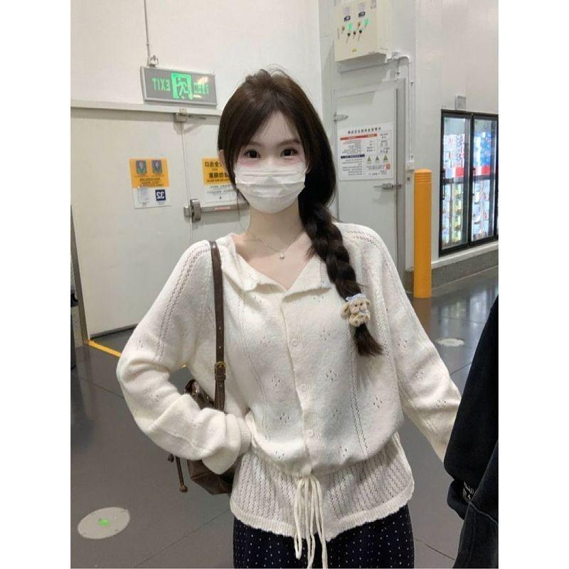 Women S Long Sleeve Knit Sweater With Waist Tie Hollow Out Fashionable