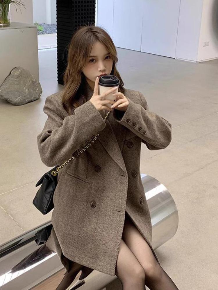 New Korean Chic Elegant Reversible Cashmere Coat Women Autumn Winter Loose Woolen Blazer Jackets Short Streetwear Clothes