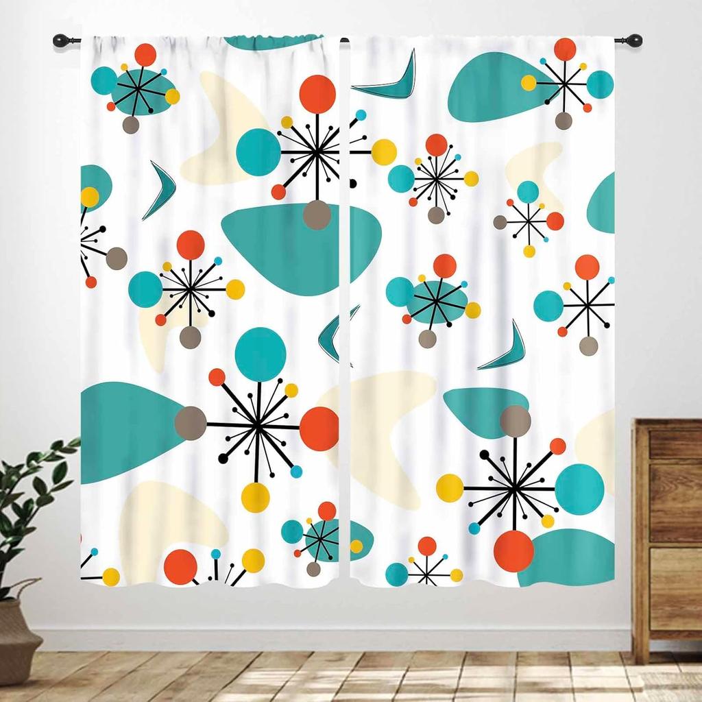Mid Century Modern Curtains,Blue Orange Abstract Atomic Geometric Pattern Retro 1950S 1960S Style Window Treatments For Bedroom