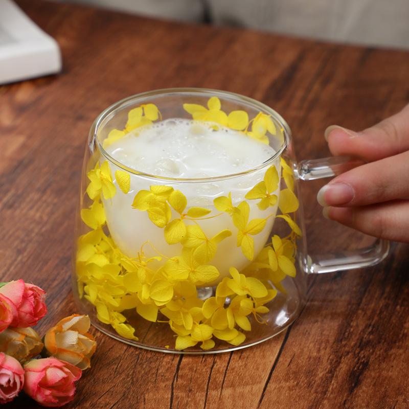 200ml Flower Coffee Cup Double Wall Glass Heat Resistant Dried Floral Mug Crsytal Iced Coffee Beer Wine Glass Beverage Glassware