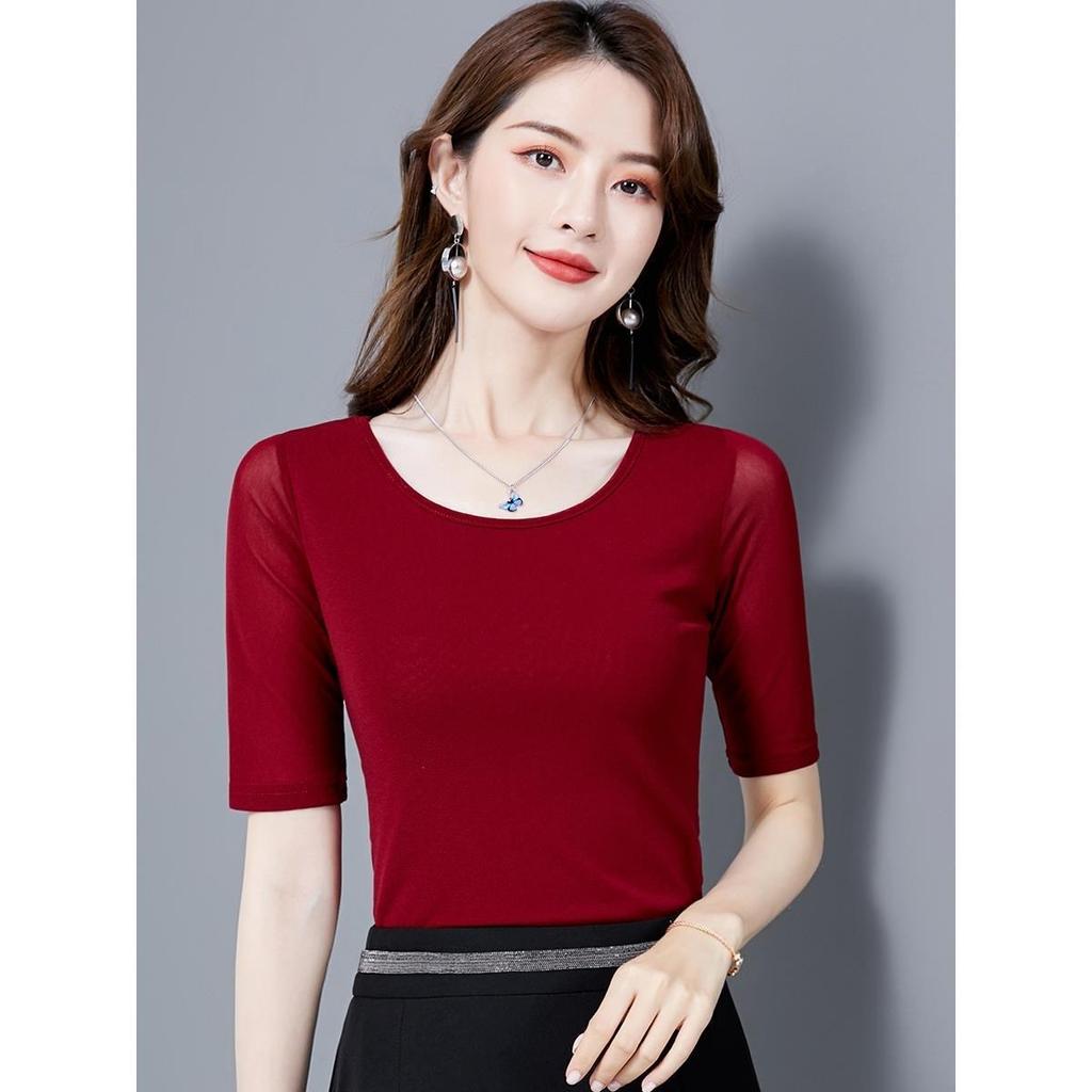 Round Neck Short Sleeve Tshirt Thin Mesh Bottoming Shirt Women's Elegant New Solid Color Half Sleeve Mesh Tops Mujer Camisetas