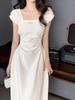 2026 Chic Petite French Square Neck White Summer Dress - Elegant Waist-Cinched Long Style