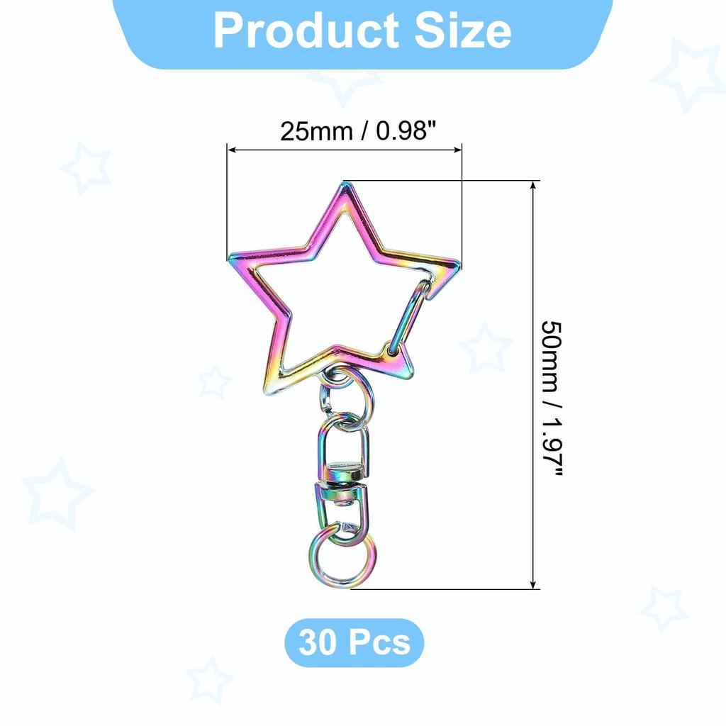 30pcs Metal Spring Snap Key Chain Star Shape Swivel Snap Clasp Keyring Chain Hanging Buckle with Open Jump Rings for DIY Craft Bag Rainbow [uxcell]
