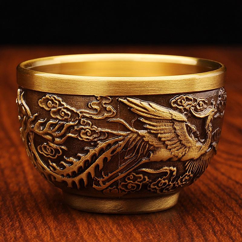 Dragon & Phoenix Brass Copper Teacup: Creative Bronze Metal Wine and Tea Cup