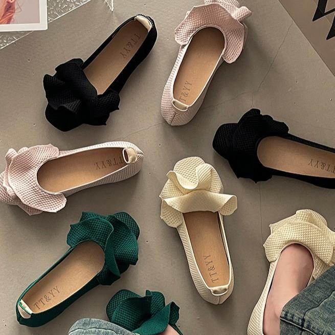 Soft sole comfortable knitted ruffle edge women's shoes summer new elegant flat sole single shoes grandma shoes