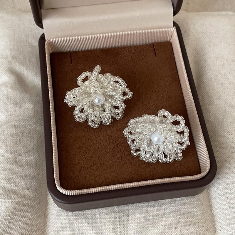 Handmade Beaded Flower Pearl Earrings Temperament Fashion Jewelry