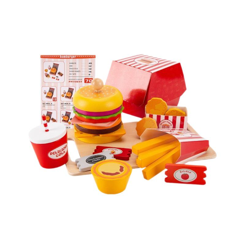 Wooden Hamburger & French Fries Pretend Play Set – Toy Kitchen Gift for Kids