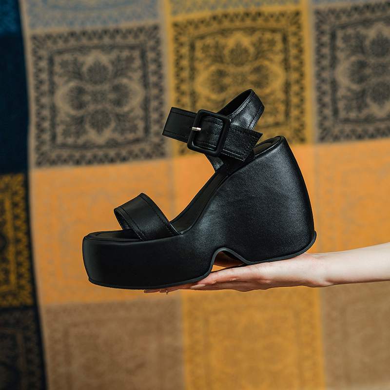 Krazing Pot Cow Leather Peep Toe Thick High Heels Platform Summer Shoes Buckle Straps Casual Waterproof Women Sandals