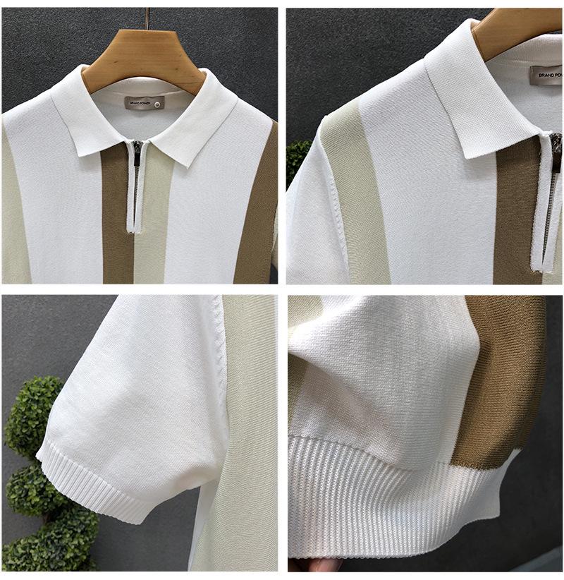 Men's Trendy British Color Block Stripe Ice Silk Polo Shirt