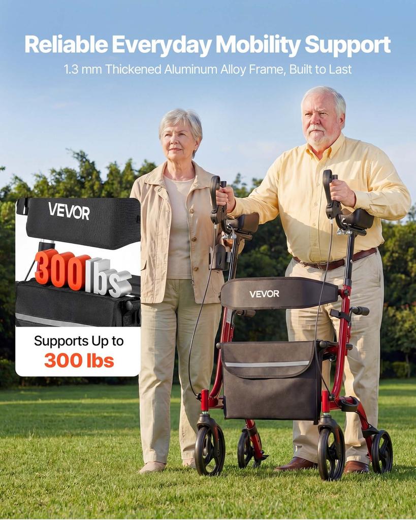 Rollator Walker with Seat for Seniors, Foldable Rolling Walker, Lightweight Aluminum Mobility Walking Aid with PVC Solid Wheels, Adjustable Handle,
