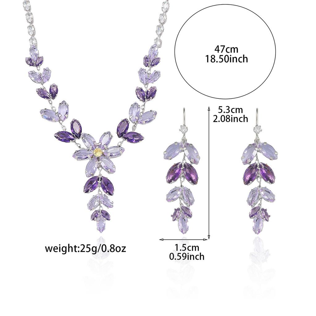 Vintage Purple Zircon Flower Leaf Tassel Necklace Earrings for Women Wedding Party Accessories Jewelry Sets with Box