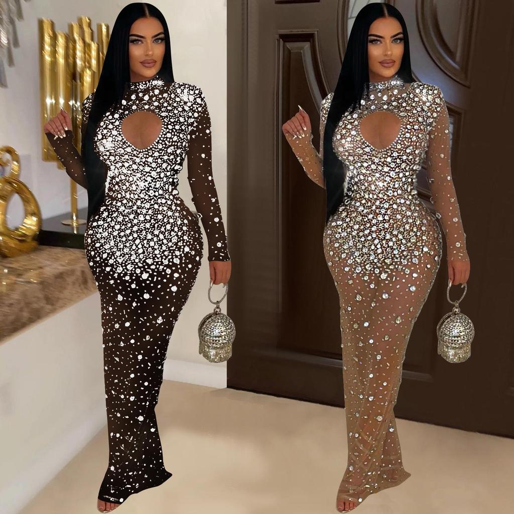 Europäisches und Amerikanisches Mode Strassstein Langes Kleid - Rundhals Damenbekleidung