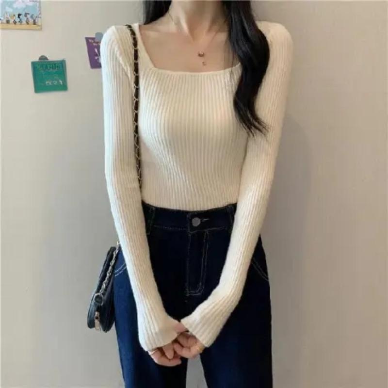 Square-neck Sweater Women's Pullover Autumn and Winter New Korean-style Slim-fit Top Knitted Tight Base Layer