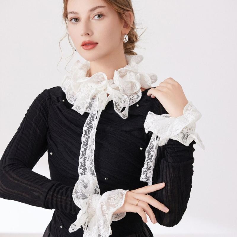 Ruffle Faux Collar Cuffs Sleeves Collar Insert Outfit Enhancer for Office Women Various Occasion Clothing Accessory