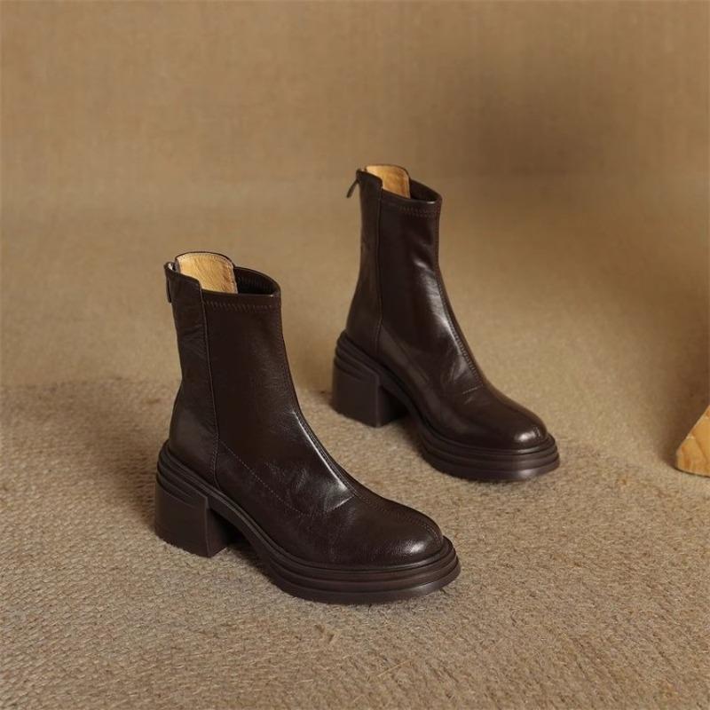 Women's Thick Heel Cotton Boots Winter New Round Head Back Zipper Leather Soft Soled Non-slip Mid-calf Boots
