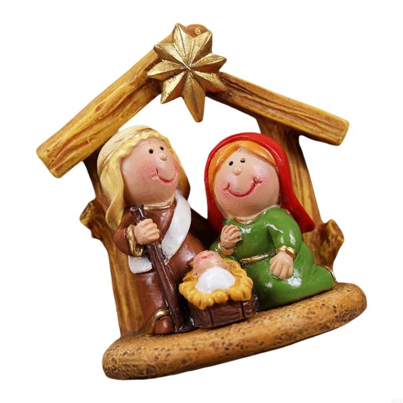 Christmas Nativity Scene Resins Miniature Figurines Cartoon Manger Scene Statues Tabletop Holiday Decoration Ornament M68E