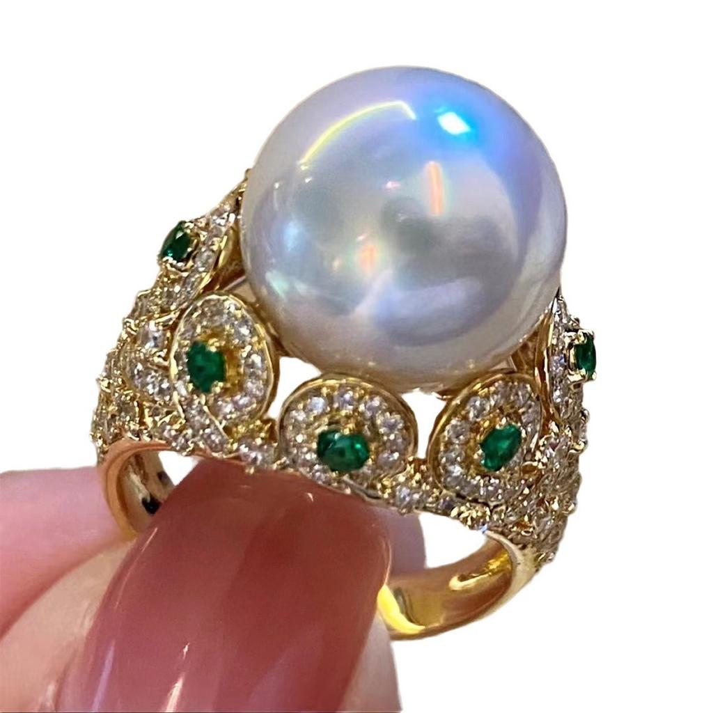 Australian White Pearl Emerald Ring Women'S Opening Plated With 18K Zircon Niche French Retro Index Finger Ring